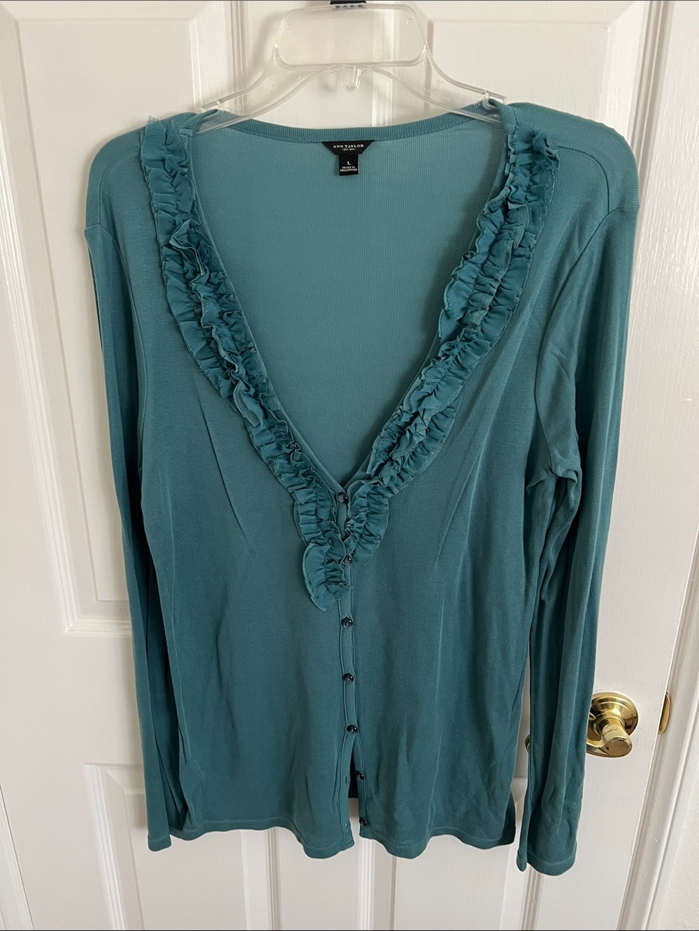 Ann Taylor  Teal Ruffle-Trim Button Cardigan